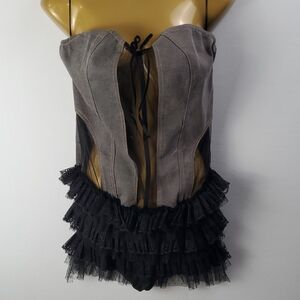 Denim Black Wash Stretch Sheer Lace Romper Bodysuit Sides Corset Style XL NWT